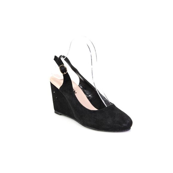 Fowin Womens Faux Suede Slingback High Wedge Heel Sandals Black Size 7US 37EU - Picture 1 of 5